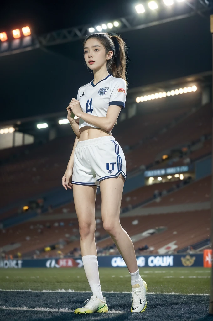 (((best quality))),(((ultra detailed))),(((masterpiece))),illustration,((1 beautiful girl,female footballer,solo)),((small breasts,flat chest)),((slim,thin)),summer night,stadium,crowded stands,enthusiastic spectators,football match,(short ponytail:1.2),(short sleeves:1.2),((England team kit,white shirt,Navy shorts)),(slender legs:1.2),(football:1.3),fluid movements,powerful,sweat,forehead,exhaustion,passion for football,purposeful running,electric atmosphere,crowd roar,critical juncture,pressure,undeterred,floodlights,luminous glow,long shadows,drama,breathtaking sight,raw passion,unbridled energy,determination,skill,embodiment of sport's spirit,strength,resilience of human spirit,(standing:1.3),((from front,full body))