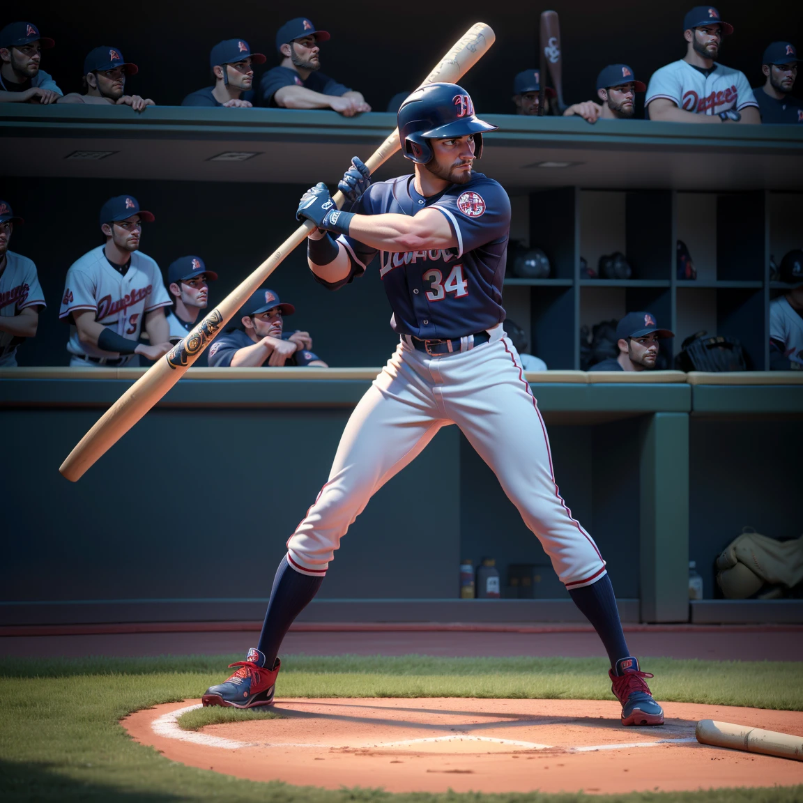 RAW photo, 8k uhd, masterpiece, (photorealistic:1.4), best quality, beautiful lighting, 3D Art, C4D, OC render, Bryce Harper, (full body:1.5), a professional Baseball Player, Baseball batting helmet, baseball shoes, 
(a baseball bat:1.35), baseball uniform, baseball pants, baseball gloves, 
Batting stance, lively, handsome