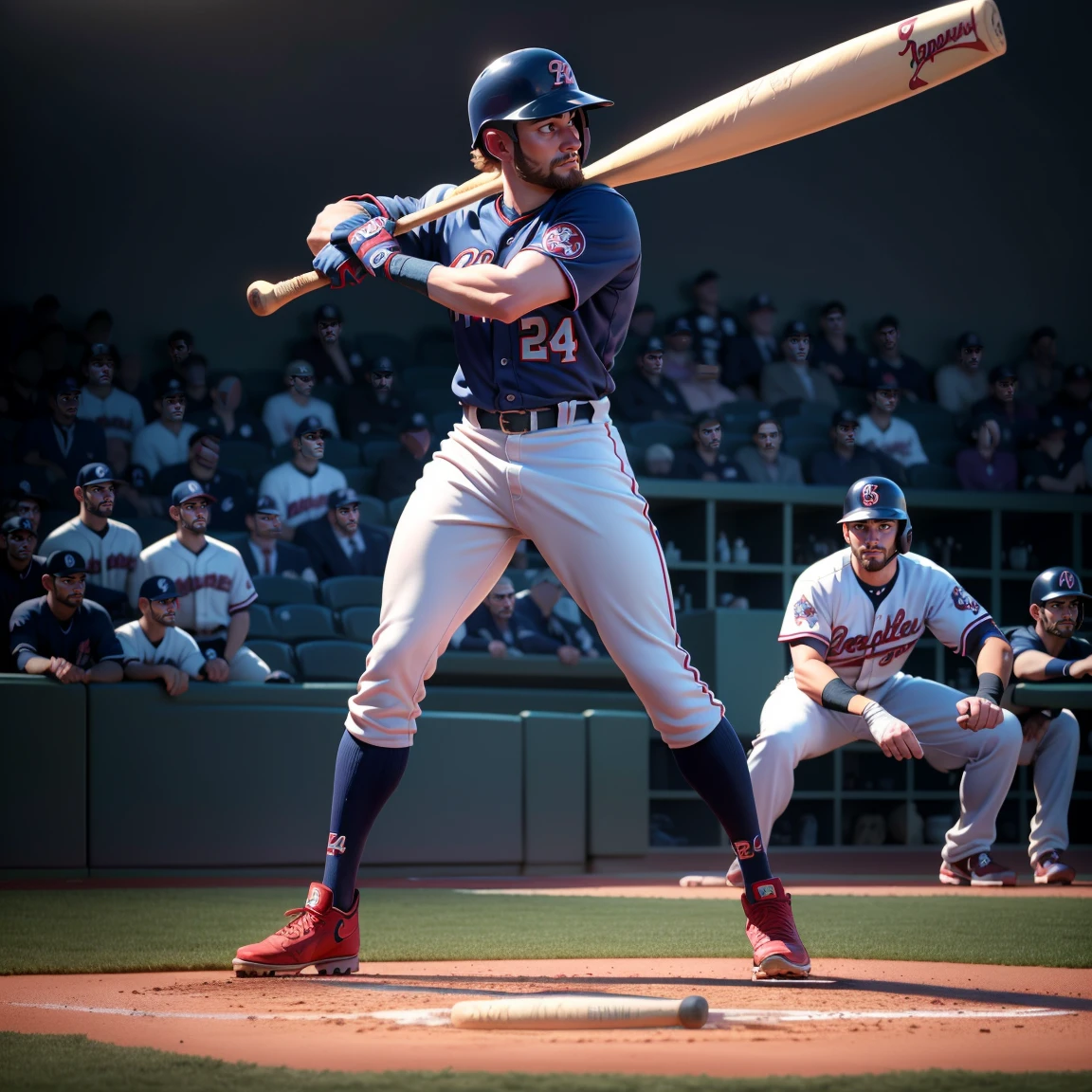 RAW photo, 8k uhd, masterpiece, (photorealistic:1.4), best quality, beautiful lighting, 3D Art, C4D, OC render, Bryce Harper, (full body:1.5), a professional Baseball Player, Baseball batting helmet, baseball shoes, 
(a baseball bat:1.35), baseball uniform, baseball pants, baseball gloves, 
Batting stance, lively, handsome