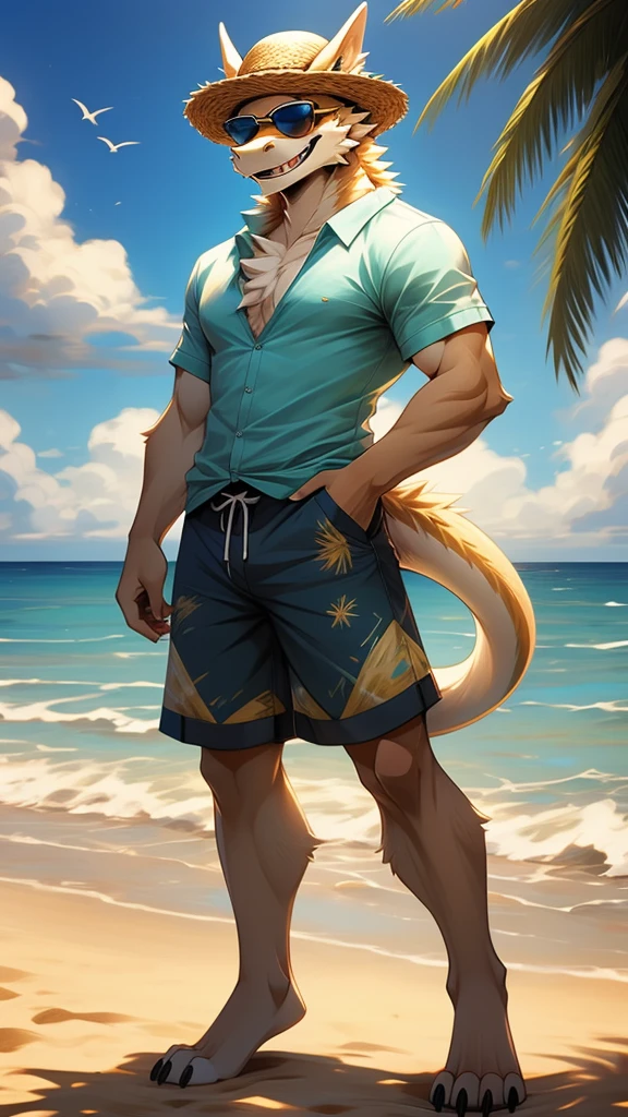 ((best quality)), ((masterpiece)), furry, furry art, furred dragon, cyan fur, white fur, solo, masculine, slim, perfect anatomy, fluffy, short tail blue shorts, blue shirt, pineapple details, cocktail, full body, beach, sunny, sandy, sunglasses, smile, teeth, maw, straw hat