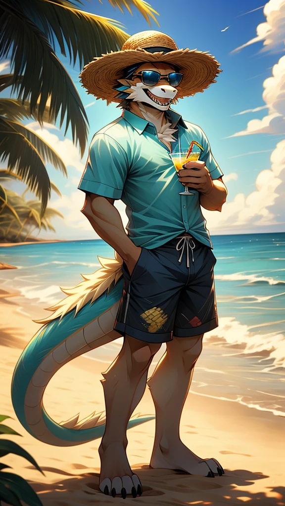 ((best quality)), ((masterpiece)), furry, furry art, furred dragon, cyan fur, white fur, solo, masculine, slim, perfect anatomy, fluffy, short tail blue shorts, blue shirt, pineapple details, cocktail, full body, beach, sunny, sandy, sunglasses, smile, teeth, maw, straw hat