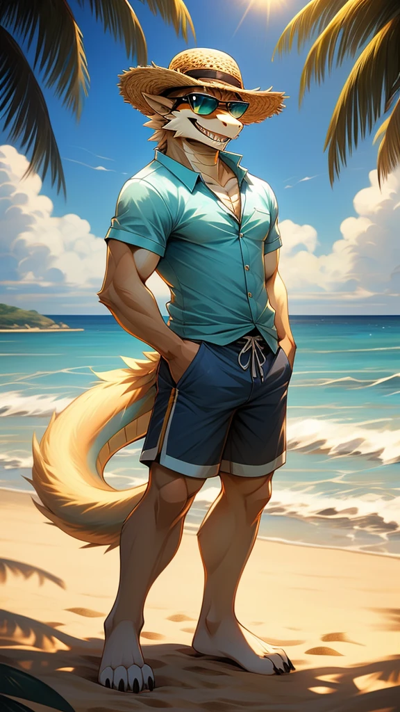 close up, furry, anthro, giant maned wolf, maned wolf ears, maned wolf tail, orange, white and brown fur, messy fur, neck floof, brown fluffy hair, brown eyes, razor sharp teeth, slim body, handsome, slender, long arms and legs, tall, wearing floral swimming shorts with a giant bulge, black anklets, pawpads, black pawpads, best quality, 4K, UHD, masterpiece, walking along beach, sunny day, alone, 