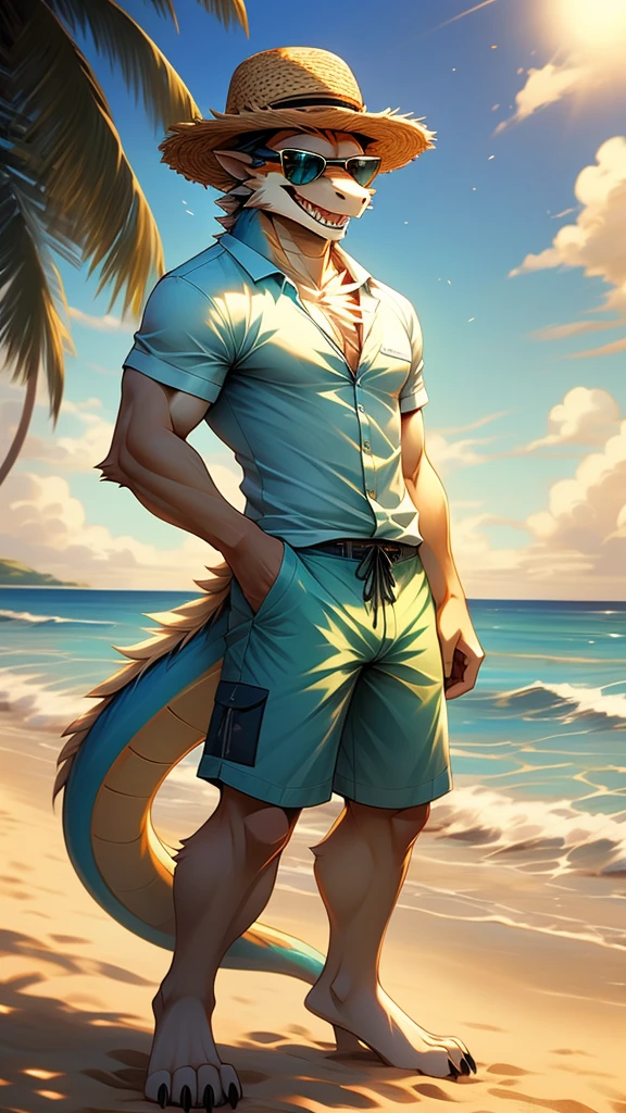 ((best quality)), ((masterpiece)), furry, furry art, furred dragon, cyan fur, white fur, solo, masculine, slim, perfect anatomy, fluffy, short tail blue shorts, blue shirt, pineapple details, cocktail, full body, beach, sunny, sandy, sunglasses, smile, teeth, maw, straw hat