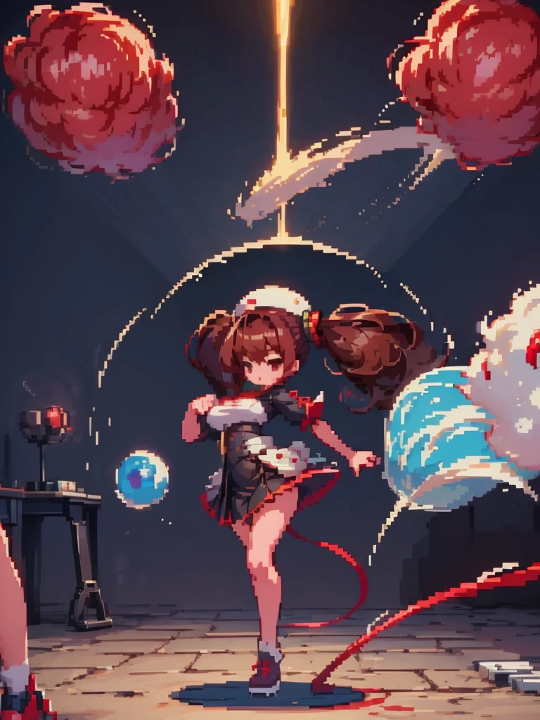 do, Highest quality, 8K, Pixel Art, ((One woman)), whole body, fine, fineな顔, {{Chinese clothing, red, mini, Tai Chi Pattern}}Chinese clothing, Brown Hair, Ring-shaped hair, Twin tails, Roundhouse kick, {Circular kick, The toes point towards the ceiling}, legs raised high, kick trajectory, effect, 炎のeffect, 派手なeffect