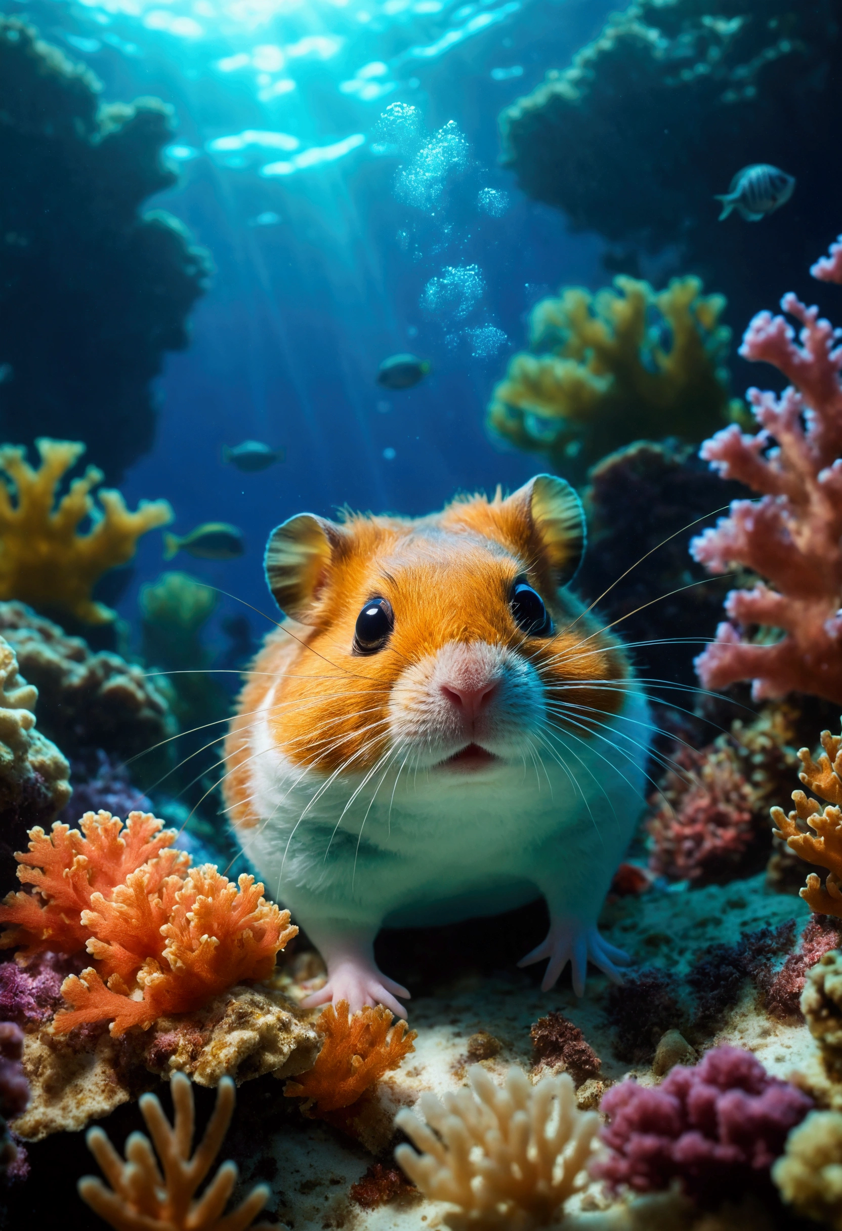 masterpiece,top-quality,Big underwater hammster,Deep sea scenery,Beautiful detailed eyes,Ultra-detailed fur,Floating seaweed,dreamy colors,Soft lighting,hight resolution,nffsw,Ethereal scene in the water,Marine life,Mysterious atmosphere,Tranquility and peace,Underwater coral reefs,Sunlight penetrating the surface of the water,Onylic Landscape,Dreamy underwater journey,Bright blue tones,Magical creatures,peaceful expression