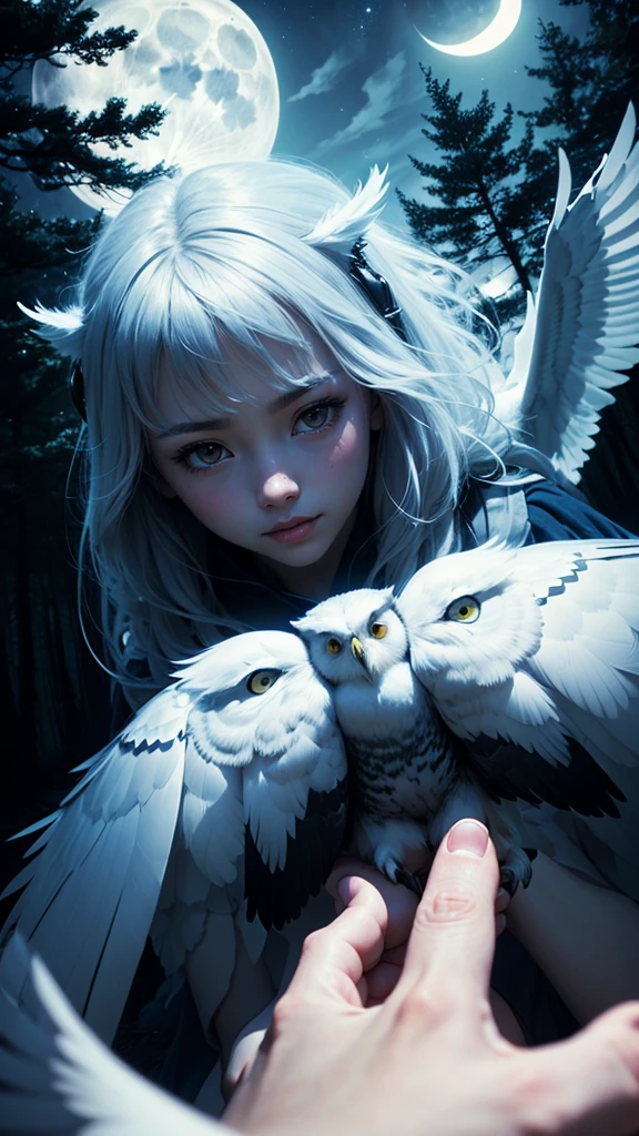 ((masterpiece))、((Highest quality))、((Realistic feel))、((First Person View:1.6))、Pitch Black、Deep in the forest、Moonlight shines、Immersion、Cool blue shade、The girl who is the incarnation of a white owl、The sky is high、Dim and dim、High Contrast、Super beautiful
