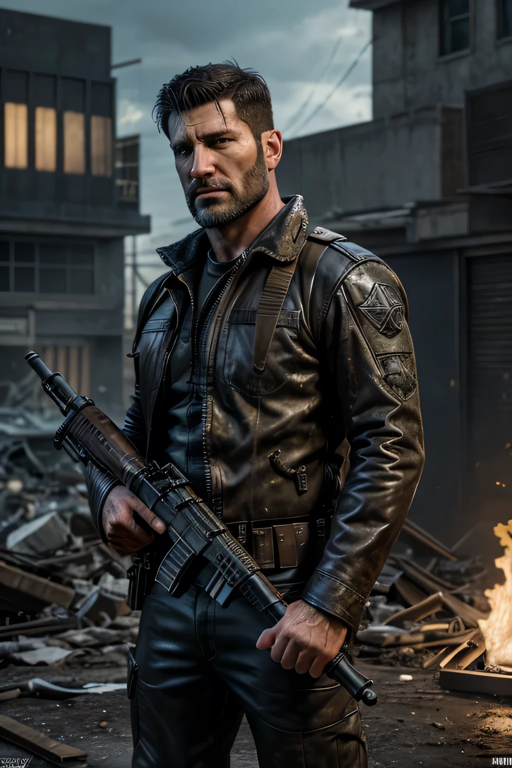 Dean Winchester bearded as The Punisher holding a weapon (Masterpiece) hyperrealist & photorealist in highly & extremely detailed army suit body (masterpiece), Unity 8k, ((in ZBrush)), full HD midnight aura, developed by Unreal Engine 5, Ultra Sharp Focus, vibrant & intricate, epic in destroyed battlefield