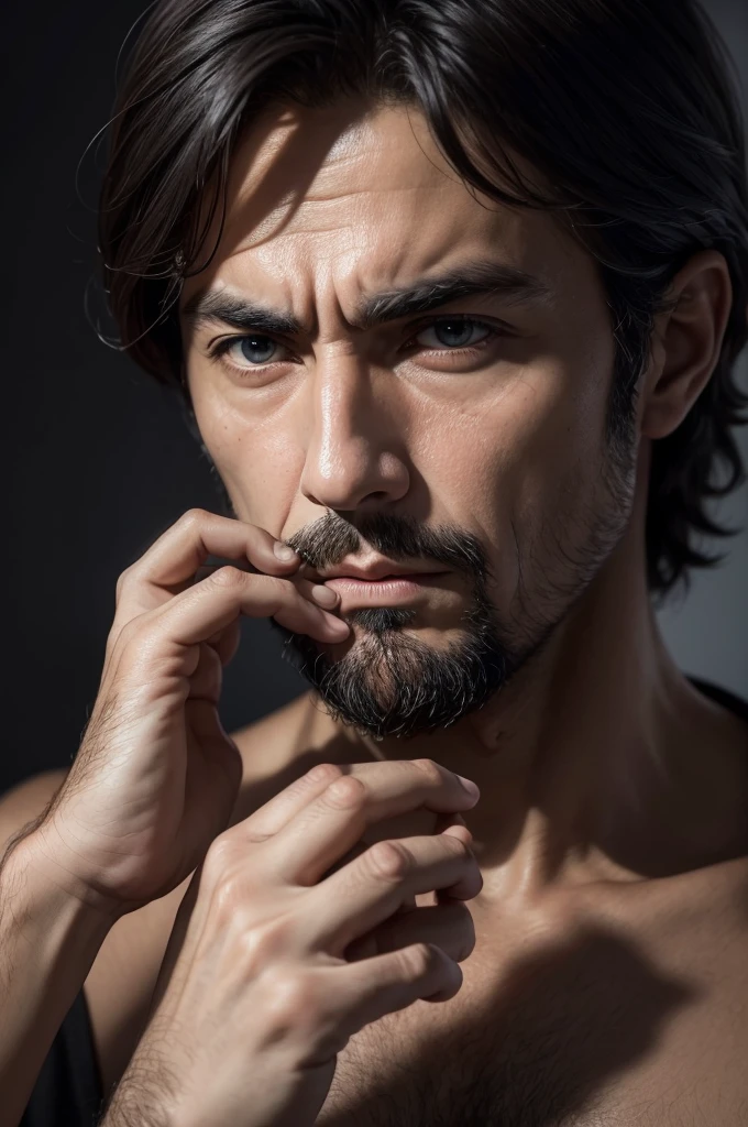stoic philosopher Marcos Aurelio making a silence sign with his index finger looking in front of the camera front cinematic.8k.dark background