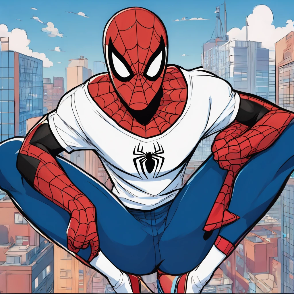 Make me a picture of a red-haired boy, Black-skinned, red hair, blue colored eyes, and effeminate structure, and wearing a short white top t-shirt showing her slim waist with a heart design with Spiderman's face in the center of the t-shirt and jeans. Him hugging Spiderman like he was suffering and grateful