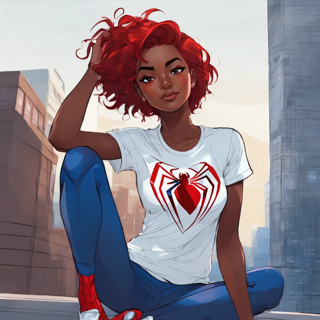 Make me a picture of a red-haired boy, Black-skinned, red hair, blue colored eyes, and effeminate structure, and wearing a short white top t-shirt showing her slim waist with a heart design with Spiderman&#39;s face in the center of the t-shirt and jeans. Him hugging Spiderman like he was suffering and grateful