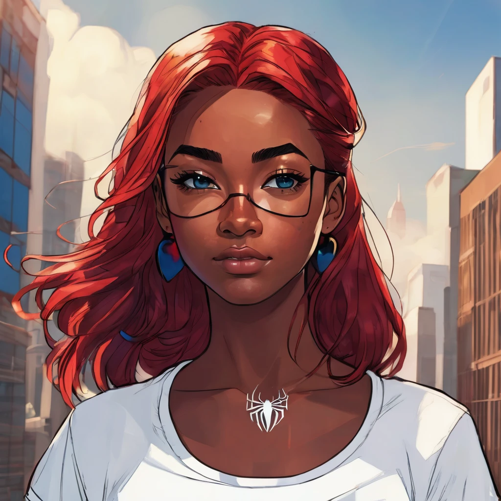 Make me a picture of a red-haired boy, Black-skinned, red hair, blue colored eyes, and effeminate structure, and wearing a short white top t-shirt showing her slim waist with a heart design with Spiderman's face in the center of the t-shirt and jeans. Him hugging Spiderman like he was suffering and grateful