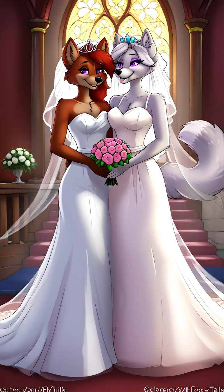 furry foxy tails yiff bride  lesbian & lesbian women & women & wedding dress wedding dress   wedding dress  veil tiara chapel,