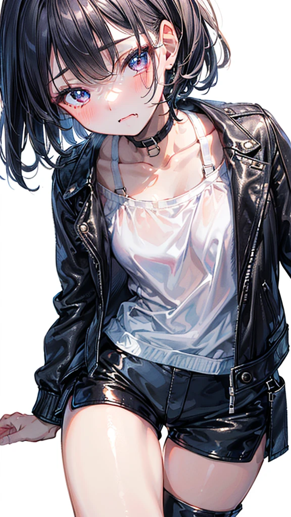 (Best quality, 8k, 32k, Masterpiece, UHD,:1.2),RAW, 1girl,ultra cute , natural lighting,transparent shining eyes, 20yo ,fair complexion, (vulgarity:0.8), (fucked silly:0.8),,(trembling:1.3)),((leather jacket, short pants,)),,White Background