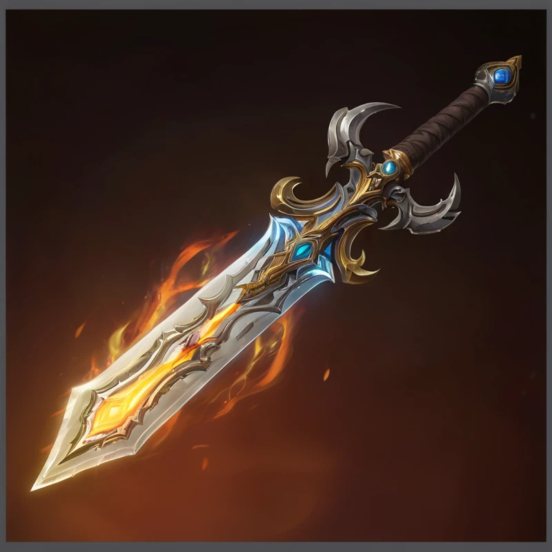 深色背景上有一把带火焰的卡通sword, 火焰sword, epic Fantasy weapons art, Fantasy RPG Weapon Art, Hearthstone Weapon Art, Sword weapons, Fantasy weapons, in mysterious style, Weapon concept art, Weapon Concept Art, Fantasy Blade, sword的设计, World of Warcraft Blizzard Weapon Art, 巨大的sword, holding a 火焰sword, sword
