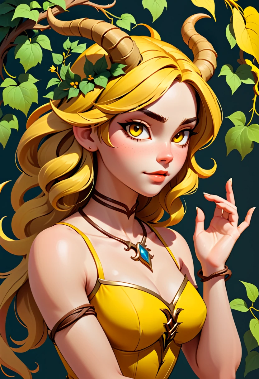 simple style, valorant style,haracter concept art, yellow medieval summer girl, concept, vines on the hand and horns from vines