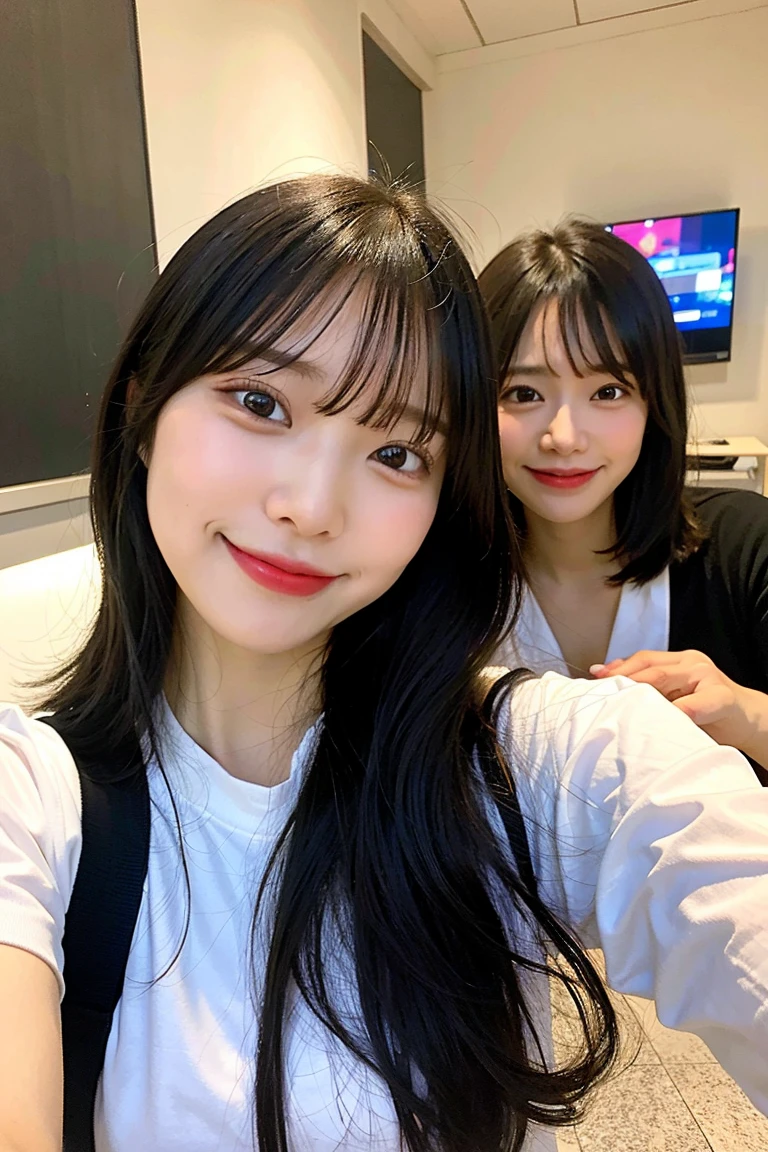 there a man and woman smiling for a picture together, in love selfie, tyler edlin and natasha tan, with her long, selfie, with wart, selfie photo, happy couple, help me, selfie shot straight on angle, picture, roomies, a picture, long distance photo, couple, lovely couple, japanese, she has a long black hair, she has a bang