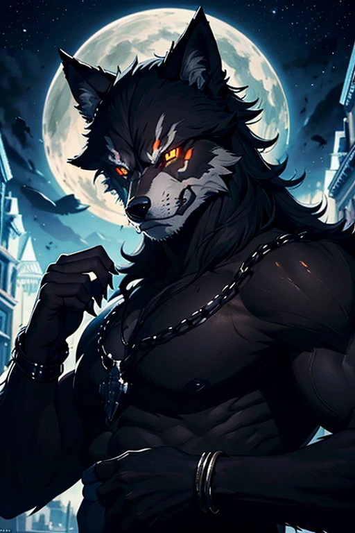 werewolf wolf, feroz, rage, The eyes burn with fire, negro, rosary in claws,time,
ultrarealism, overdetailing, The wool texture is detailed, cinematographic, The correct composition, A closeup of a, wide shoulders, SMILE, a starry sky, officer, Masterpiece, magnificence