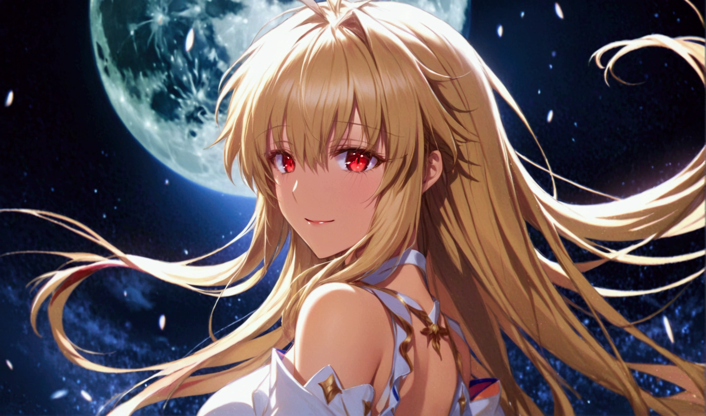 female anime character with very long blonde hair next to dark colored moons, 1girl, arcueid brunestud, red eyes, moon, long hair, blonde hair, solo, looking at viewer, bangs, full moon, dress, breasts, bare shoulders, white dress, detached sleeves, smile, arcueid