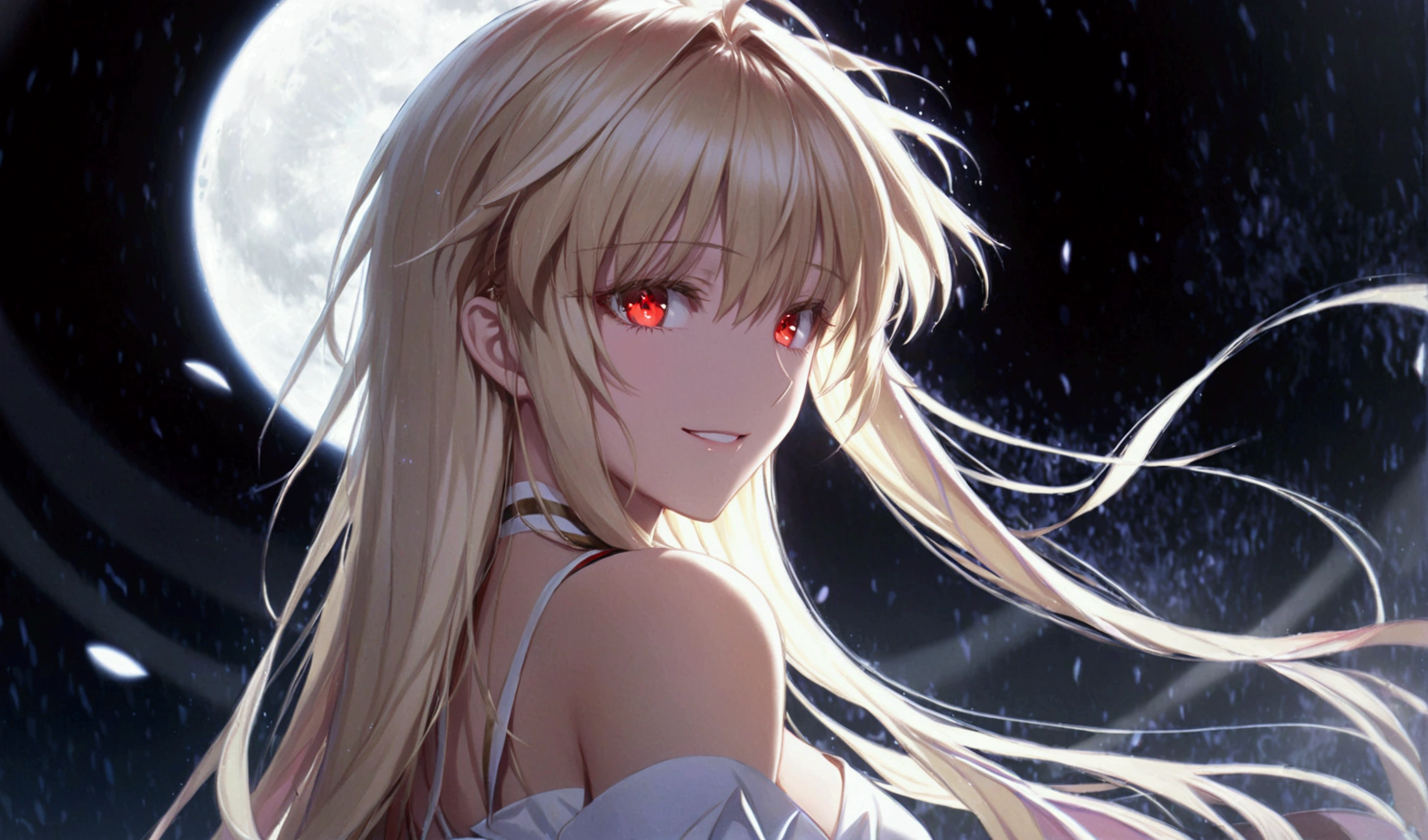 female anime character with very long blonde hair next to dark colored moons, 1girl, arcueid brunestud, red eyes, moon, long hair, blonde hair, solo, looking at viewer, bangs, full moon, dress, breasts, bare shoulders, white dress, detached sleeves, smile, arcueid