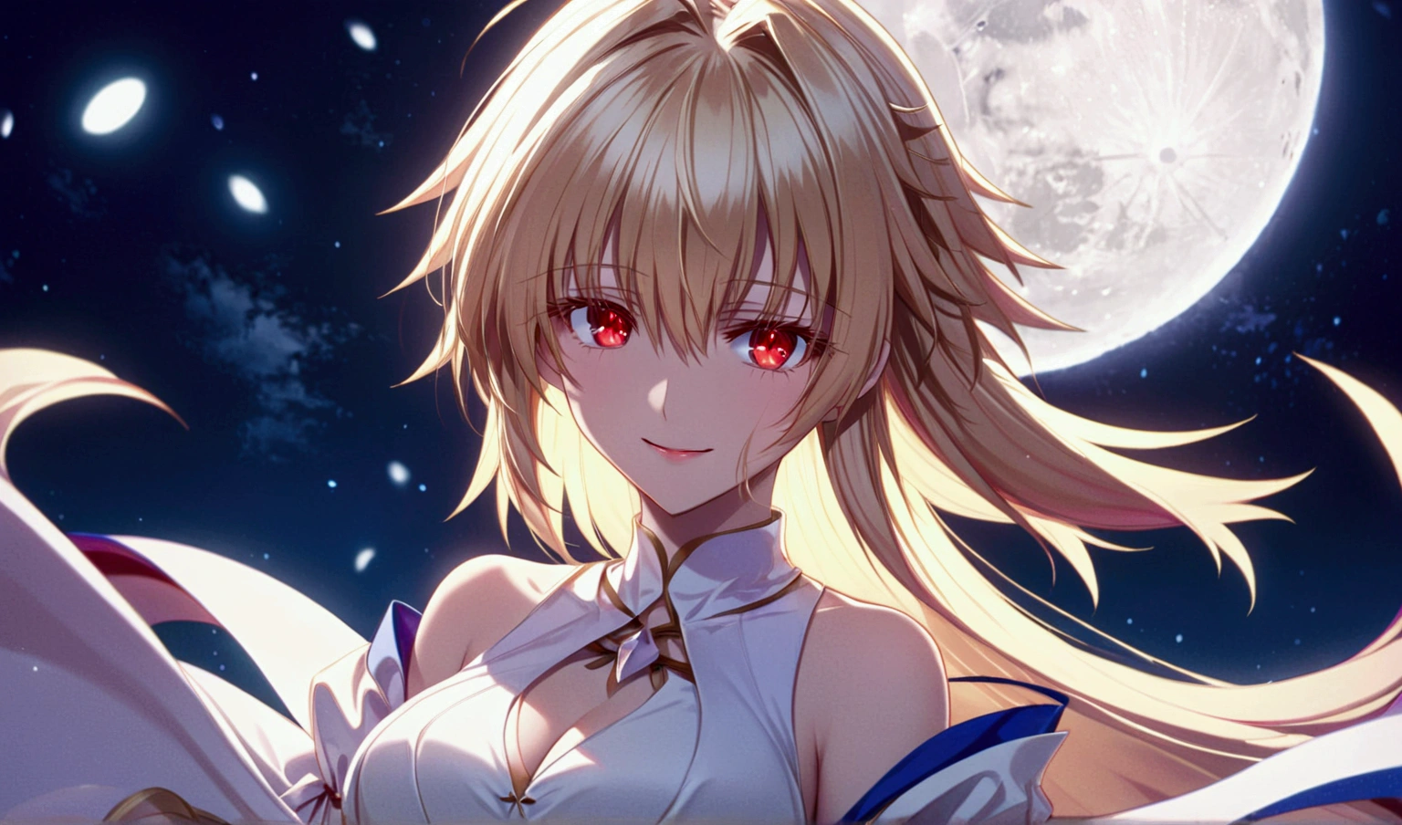 female anime character with very long blonde hair next to dark colored moons, 1girl, arcueid brunestud, red eyes, moon, long hair, blonde hair, solo, looking at viewer, bangs, full moon, dress, breasts, bare shoulders, white dress, detached sleeves, smile, arcueid