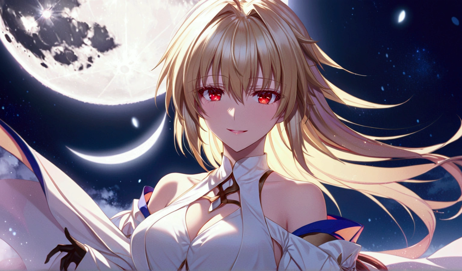 female anime character with very long blonde hair next to dark colored moons, 1girl, arcueid brunestud, red eyes, moon, long hair, blonde hair, solo, looking at viewer, bangs, full moon, dress, breasts, bare shoulders, white dress, detached sleeves, smile, arcueid