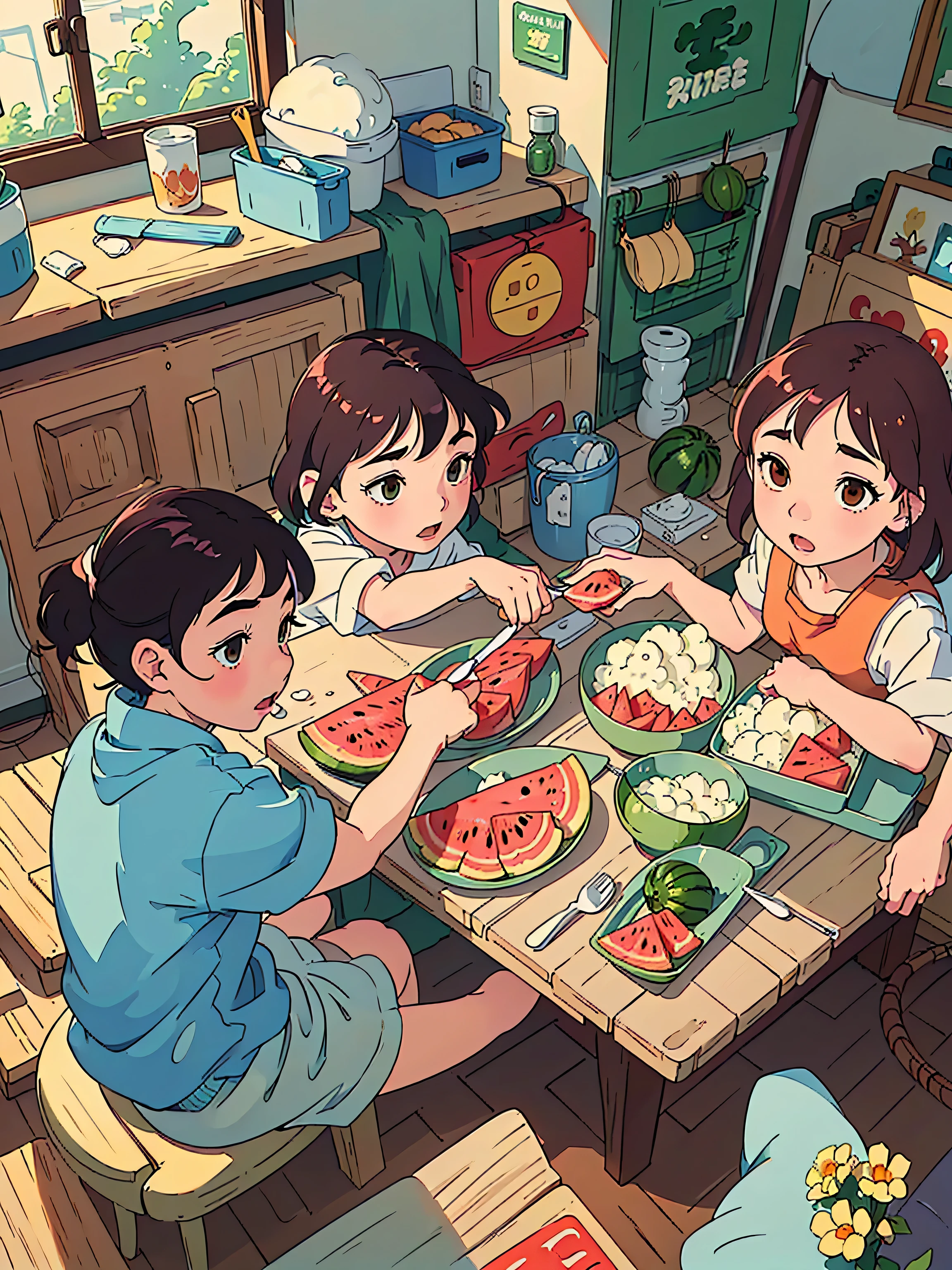 Cartoon kids eating watermelon at the kitchen table, The style of Ghibli animation, The style of Ghibli animation style, Studio Ghibli animation style, studio Ghibli art style, Ghibli art style, Studio Ghibli Sunshine, Ghibli art style, In Studio Ghibli&#39;s animated films, Ghibli animated films, studio Ghibli art style, Studio Ghibli Aesthetics, From Studio Ghibli, Japanese animation style