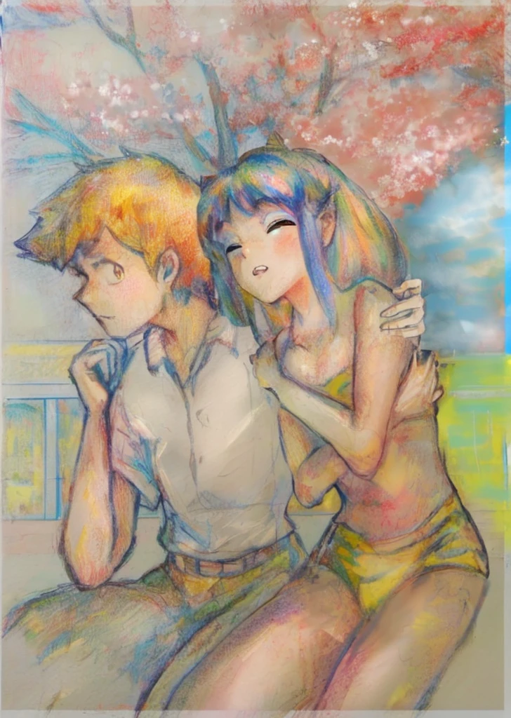 Painting of two couples sitting on a bench with trees in the background, Jamie Hewlett and Ayami Kojima, Frank Franzeta and Sakimi-chan, drawn by Anime Painter Studio, Yukika Kamisaka, Shingei, Nobutada Yanagawa, 90s anime art style, Japanese anime style, vintage colors in anime, Lum and Ataru from Urusei Yatsura