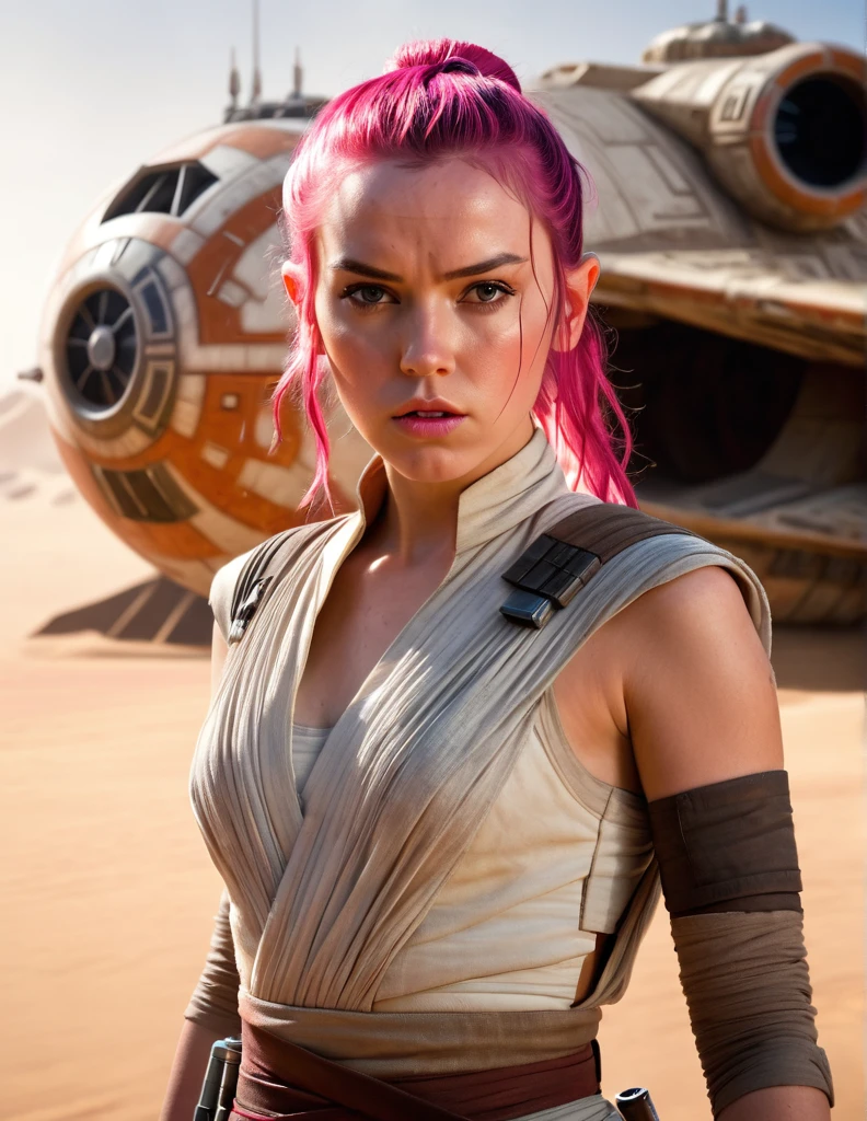 very attractive 25 year old female with long bright pink hair, PLEASE fix image, remove, Masterpiece, wearing star wars Rey's costume from "The Force Awakens", full body portrait, high quality, biting lip, combat pose, 16K, ultra high res.photorealistic, UHD, DSLR, RAW, natural light