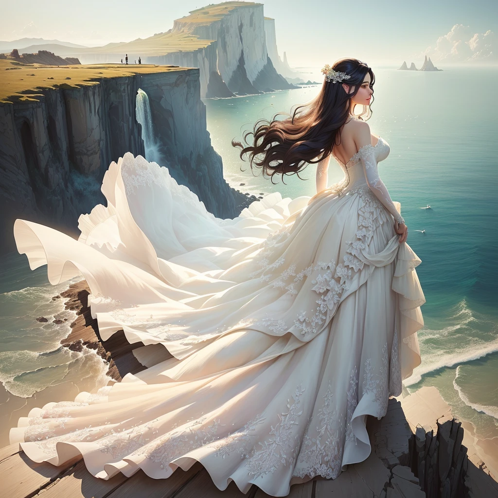 In the painting, a woman in a wedding dress stands on a cliff overlooking the sea, Elegant digital painting, Beautiful digital painting, Gorgeous digital painting, Digital painting style, Beautiful digital art, Elegant digital art, Stunning art style, Beautiful and gorgeous digital art, very Beautiful digital art, Beautiful digital illustrations, Beautiful digital artwork, Stunning numbers