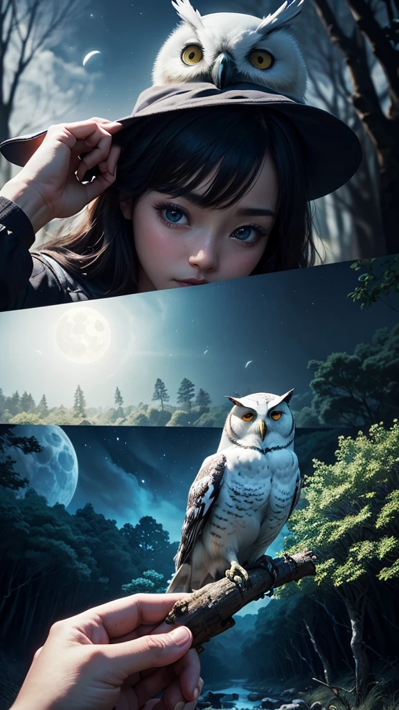 ((masterpiece))、((Highest quality))、((Realistic feel))、((First Person View:1.6))、Pitch Black、Deep in the forest、Moonlight shines、Immersion、Cool blue shade、The girl who is the incarnation of a white owl、The sky is high、Dim and dim、High Contrast、Super beautiful