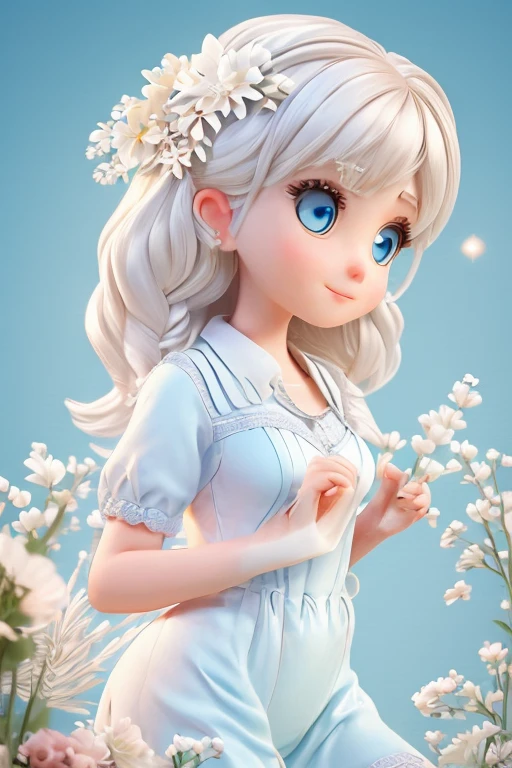 A woman with pale skin, blue eyes, and an angelic face dances with a dreamy expression as if she is dreaming. Camera angle that captures the upper body above the hips, sharp resolution, cinematic lighting, sharp picture quality, realistic atmosphere, bright theme, surreal atmosphere, detailed details, 8k high resolution, best quality,