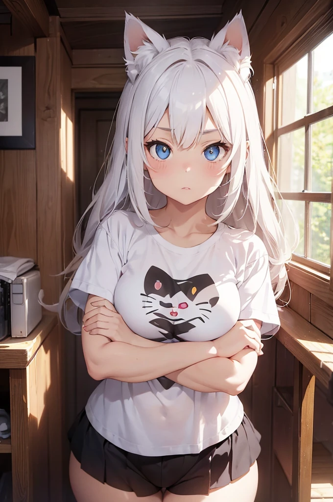 1 female,  cat girl, puffy cheeks, realistic lips oversized white t-shirt going all the way to the thighs, arms crossed propping up breast, hourglass figure, heterochromia eyes, cat pupils, flowy hair, white hair, annoyed, cat ears, in a cabin, best quality
