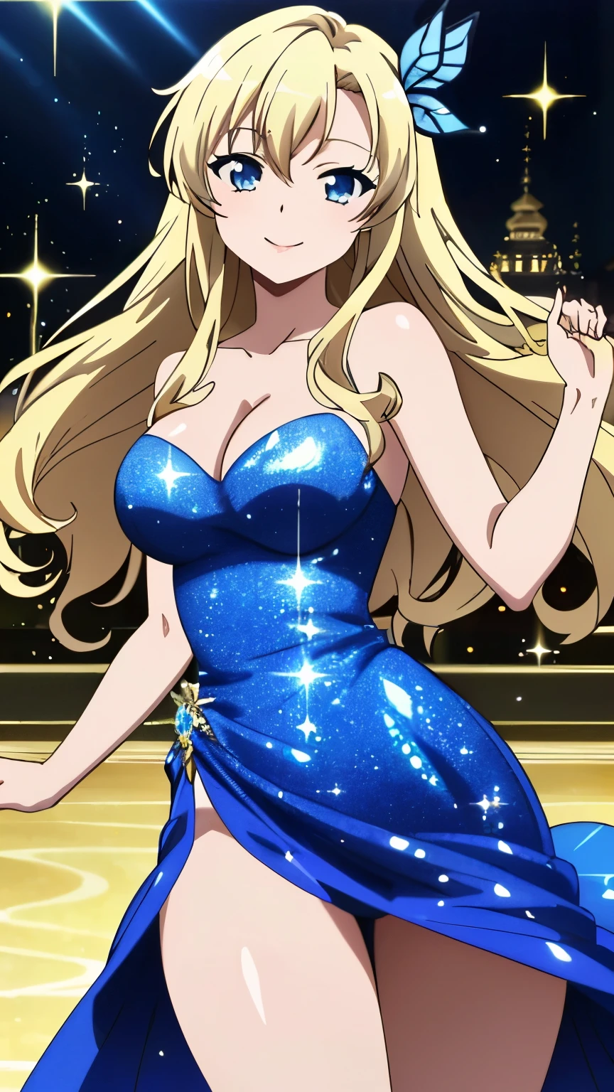 (masterpiece, best quality, 8k:1.2), (anime), sena, long hair, hair ornament, glamour, Large medium breasts, (sparkly dress, shiny dress, thighs, smiling), dynamic angle