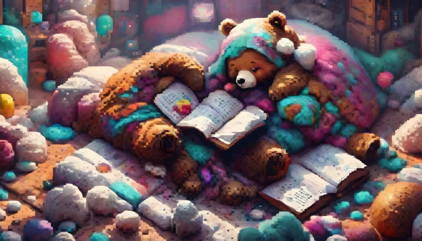 Illustration style，Cool bear lying down holding a book and reading，（Cool space suit）Epic space scenery，Masterpieces in up to 16k resolution，best quality，Extremely detailed，Illustration aesthetic style，
