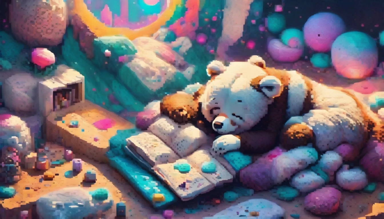 Illustration style，Cool bear lying down holding a book and reading，（Cool space suit）Epic space scenery，Masterpieces in up to 16k resolution，best quality，Extremely detailed，Illustration aesthetic style，