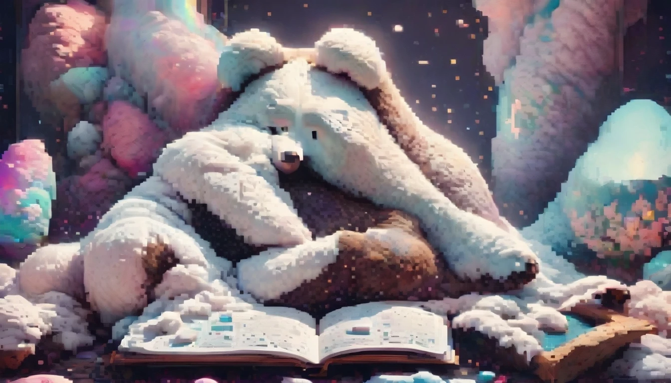 Illustration style，Cool bear lying down holding a book and reading，（Cool space suit）Epic space scenery，Masterpieces in up to 16k resolution，best quality，Extremely detailed，Illustration aesthetic style，