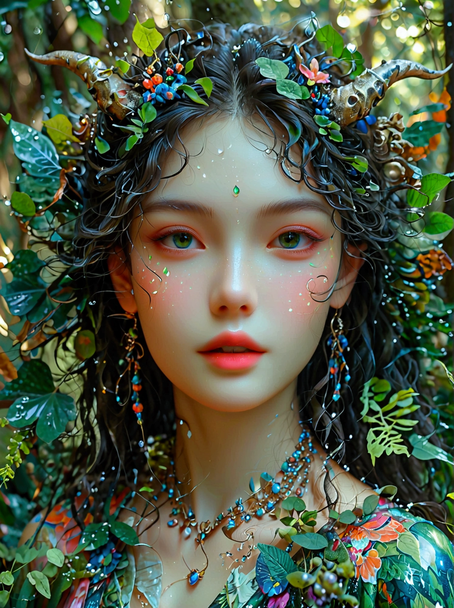 A fantastical creature with feminine qualities stands in a mystical forest. She has voluminous hair, captivating eyes, and adorned in vibrant clothing that complements her figure. Unique features such as scales, horns, or wings differentiate her from a typical human, giving her an otherworldly appearance. She exudes an aura of mystery and allure, charming all who encounter her. The forest around her is dense with thick tree trunks, lush green foliage, and fascinating flora of various shapes and sizes. Glistening droplets of dew add a magical shimmer to the scene, contributing to the overall enchanting ambiance,(Both eyes look at you:1.5), ((Front view)),((front))