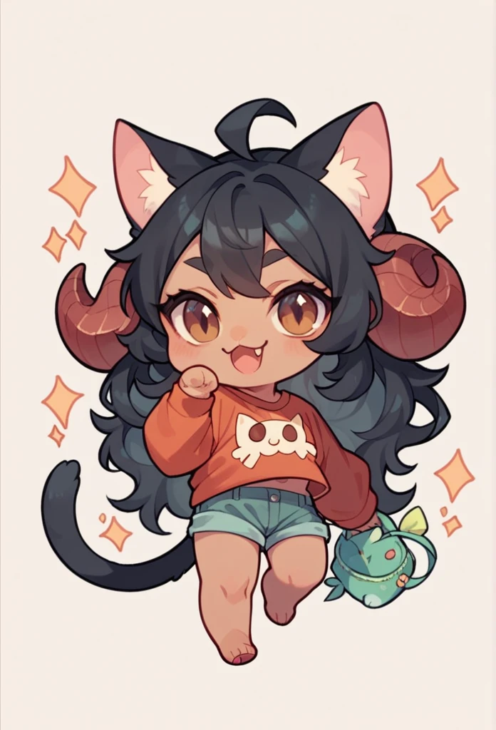 chibi, full body, A beautiful woman, long wavy black hair, brown eyes, casual clothing, cat ears and tail, fangs, horns