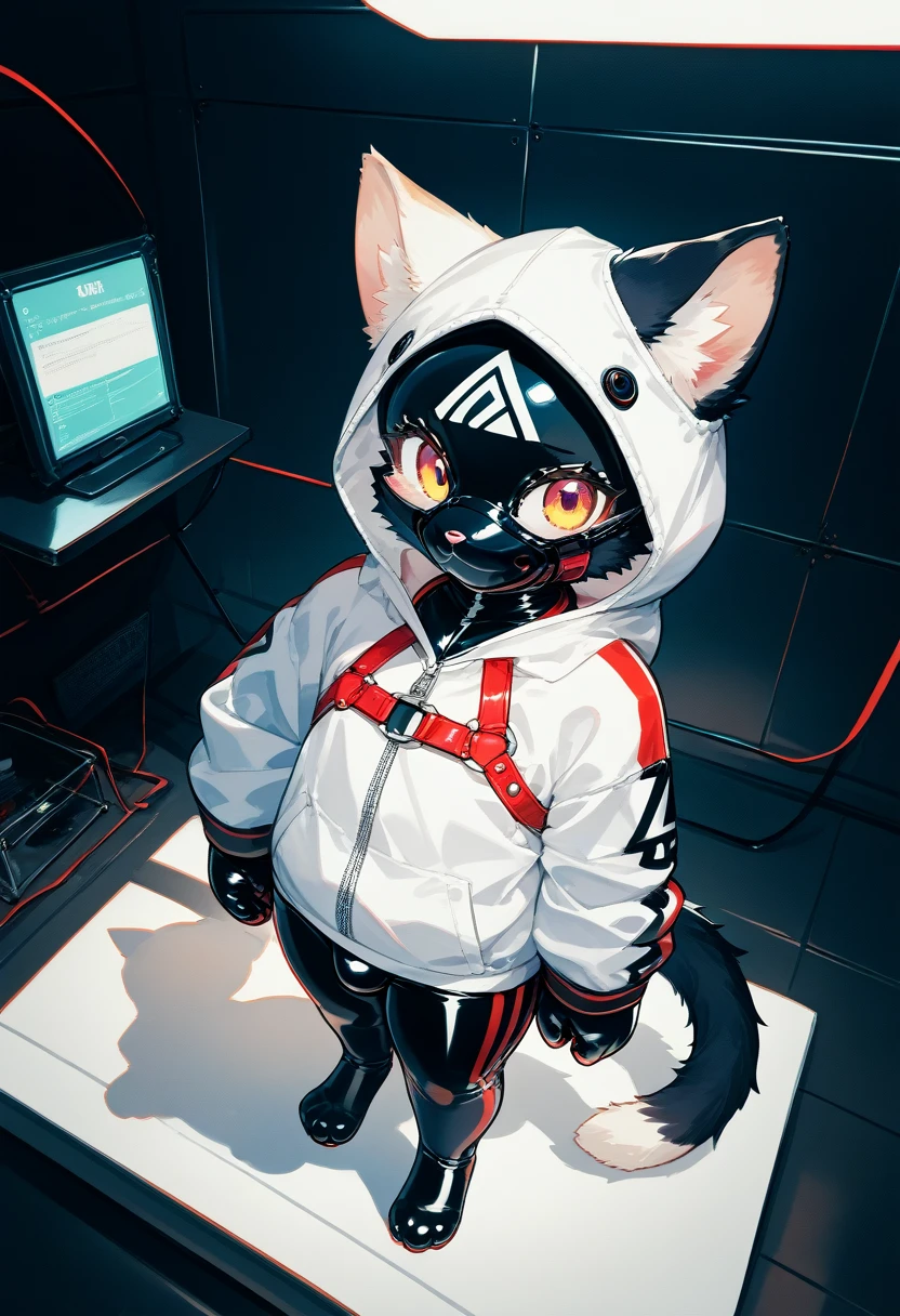 Highest quality, Highest quality, High quality illustrations, masterpiece, Ultra-high resolution, Detailed Background, room, Absurd, Perfect Anatomy, performance, Good lighting, Shadows in the movies(kemono, Furry PersonifiCation), Cat, Black Skin, Rubber suit, Rubber suit, latex, neon, neonライト, neonカラー,  White rubber hoodie, Rubber mask, Red harness, juvenile, null bulge, From above