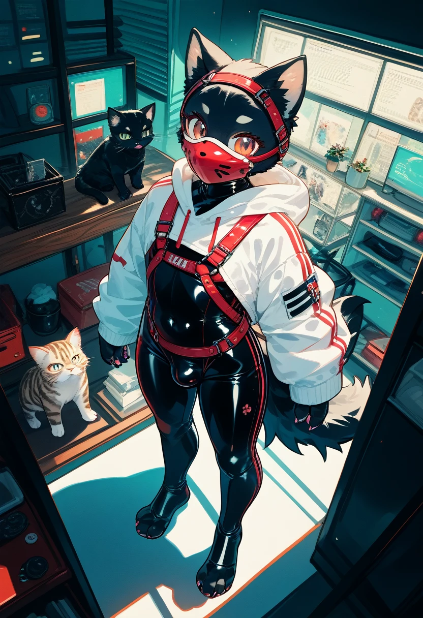 Highest quality, Highest quality, High quality illustrations, masterpiece, Ultra-high resolution, Detailed Background, room, Absurd, Perfect Anatomy, performance, Good lighting, Shadows in the movies(kemono, Furry PersonifiCation), Cat, Black Skin, Rubber suit, Rubber suit, latex, neon, neonライト, neonカラー,  White rubber hoodie, Rubber mask, Red harness, juvenile, null bulge, From above