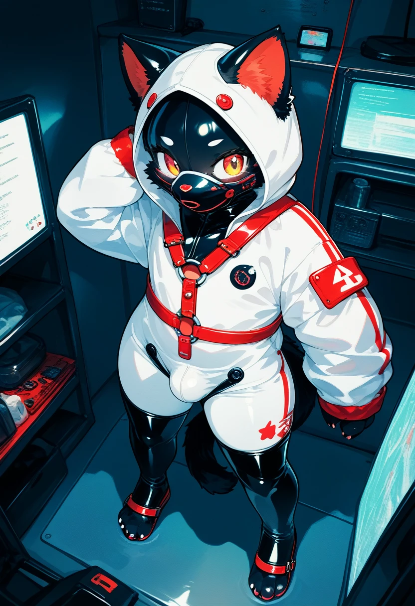 Highest quality, Highest quality, High quality illustrations, masterpiece, Ultra-high resolution, Detailed Background, room, Absurd, Perfect Anatomy, performance, Good lighting, Shadows in the movies(kemono, Furry PersonifiCation), Cat, Black Skin, Rubber suit, Rubber suit, latex, neon, neonライト, neonカラー, White rubber hoodie, Rubber mask, Red harness, juvenile, null bulge, From above