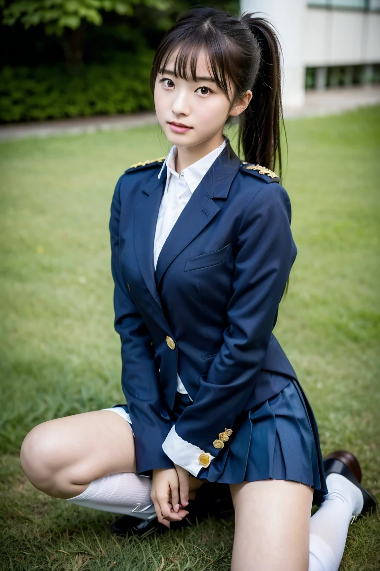high detail、high quality、8K Photo、Japanese high school girls、One beautiful girl、In uniform、(Brown blazer、Blue checked pleated skirt、Navy blue knee socks、Brown Loafers、ponytail、Double eyelids、White panties)、(Sitting on the grass、Raise your knees and sit with your buttocks on the ground1.5)