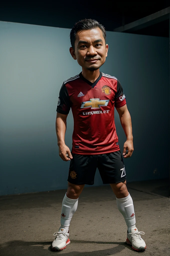 Realistic 4D caricature of an Indonesian man wearing a Manchester United football jersey, wearing shoes, standing in goal celebration style, color gradient background