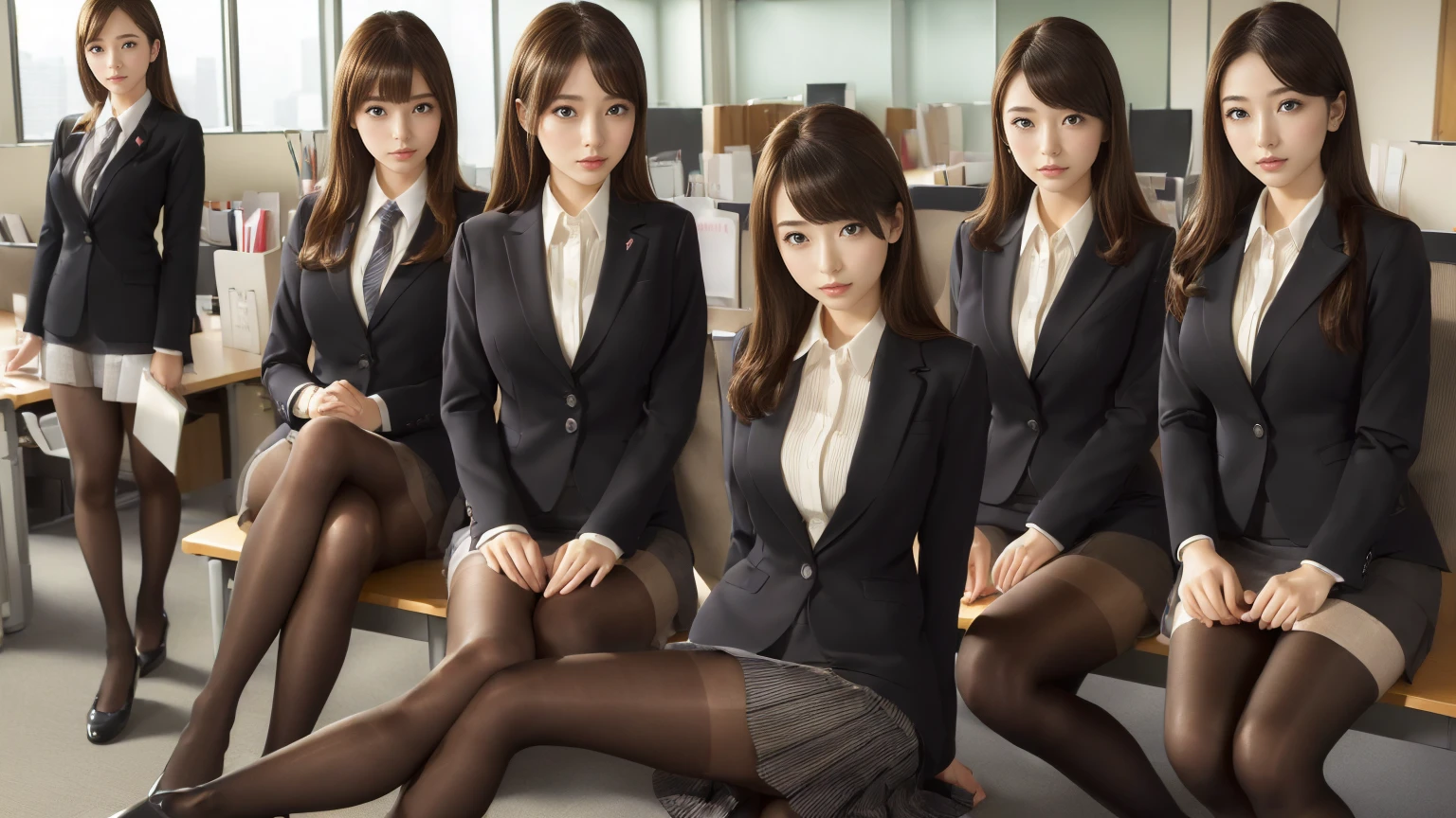 (best quality, masterpiece:1.5), (ultra-detailed, realistic:1.37),4K,(5girls:1.5),japanese,cute,beautiful,(office suits :1.3),(skirt ),(black pantyhose:1.2),(group photo.1.2),(directly below.1.2),lie down,