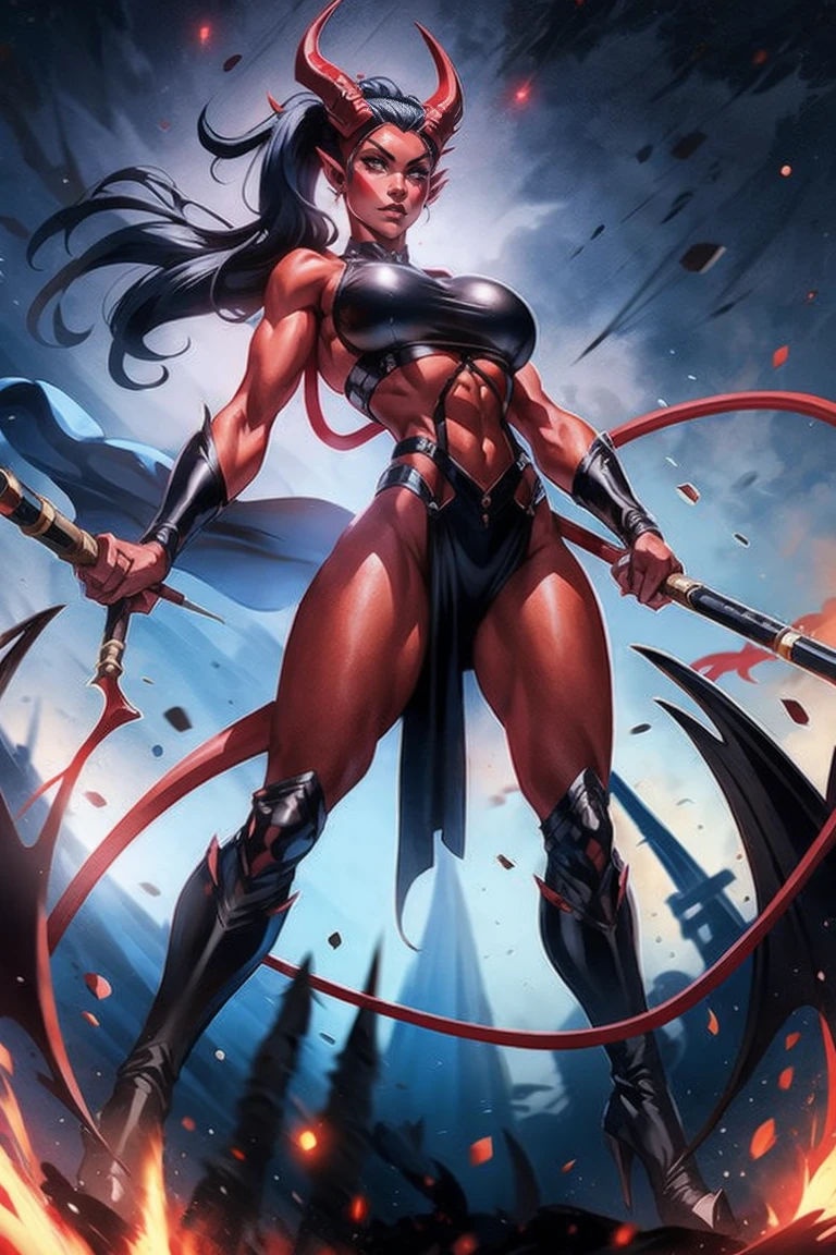 Red skin succubus tiefling, digitigrade legs, full breasts, medium breasts, black horns, wings, huge tail, black leather, crop top, long flowing pelvic curtain, tall, toned, graceful, thin, long black ponytail. Action scene, whip. Dark scene, explosions, night sky.