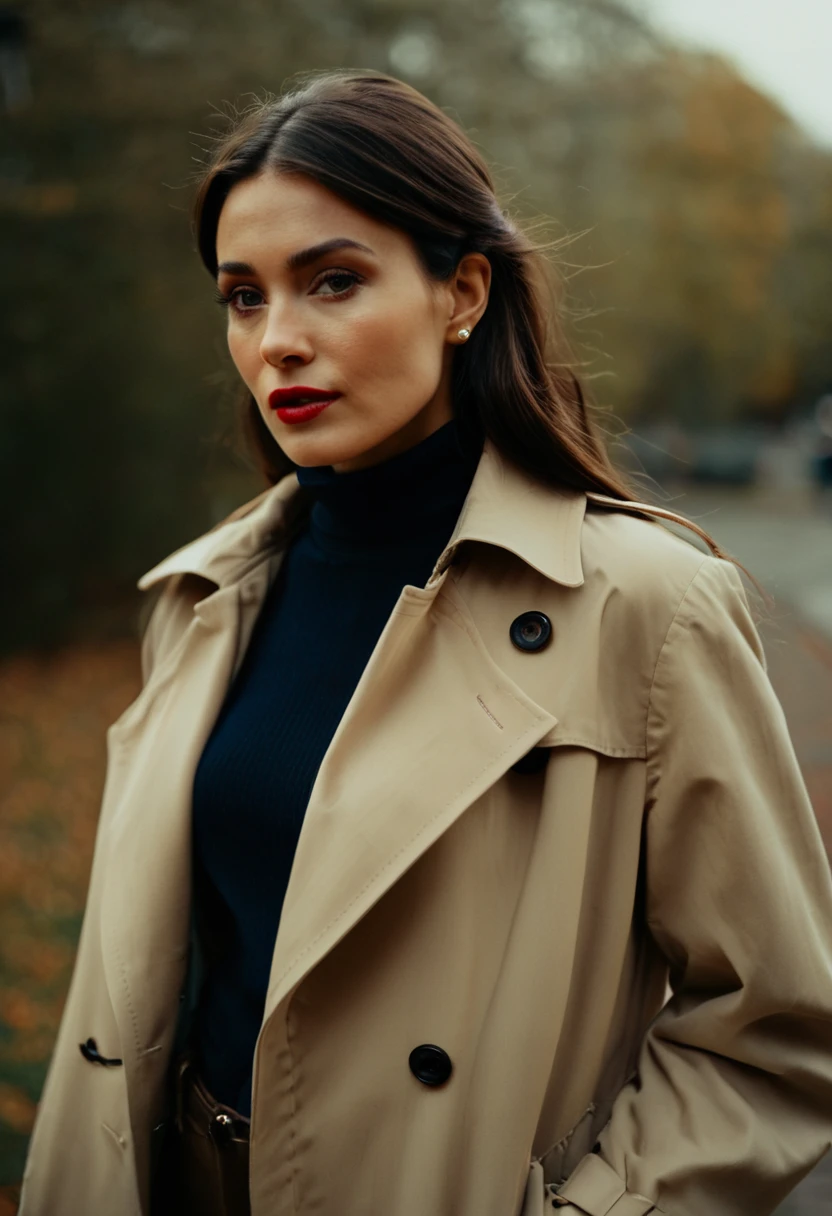 color digital photograph of María Jiménez a beautiful evil slavic woman dressed in closed clothes, pale skin, long wavy dark golden hair, (a beige trench coat), (a black turtleneck sweater), (khaki trousers), (brown ankle boots), (pearl earrings), (red lipstick), (sleek ponytail) and Stiletto heel shot on Kodak PIXPRO AZ401 16MP Digital Camera by Helen Levitt, 26 years old, brunette Bouffant hair, dark brown eyes eyes, (Statuesque, Regal, Majestic), promoting body positivity, tiny breasts, feeling Sociable, in the evening,full body, masterpiece, natural lighting, (outdoor setting:1.2), warm tones, side lighting, natural skin details, 4k, UHD, masterpiece, detailed eyes, detailed face, detailed skin, perfect hands, perfect feets, photo, high skin detail, moles, imperfect skin, ultra realism, RAW photo, subsurface scattering