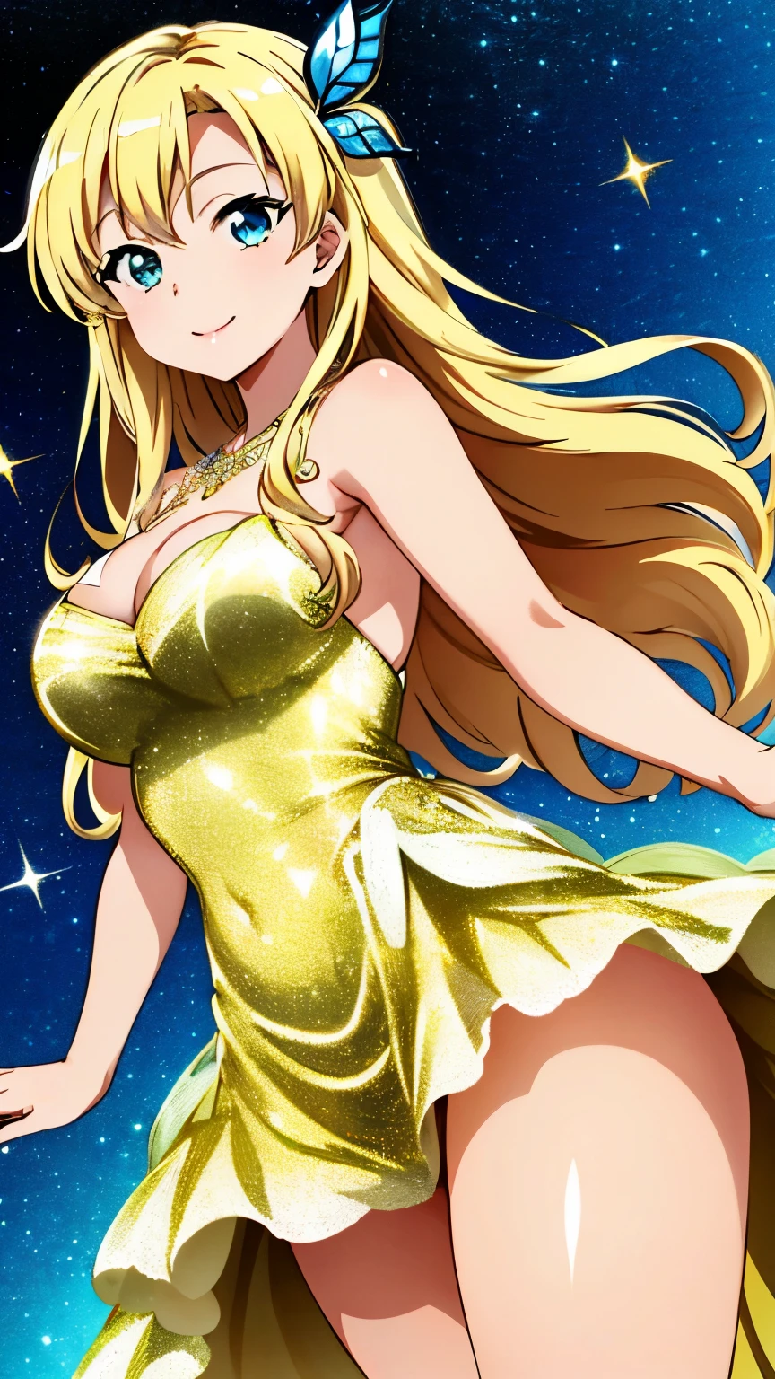 (masterpiece, best quality, 8k:1.2), (anime), sena, long hair, hair ornament, glamour, Large medium breasts, (sparkly dress, shiny dress, thighs, smiling), dynamic angle