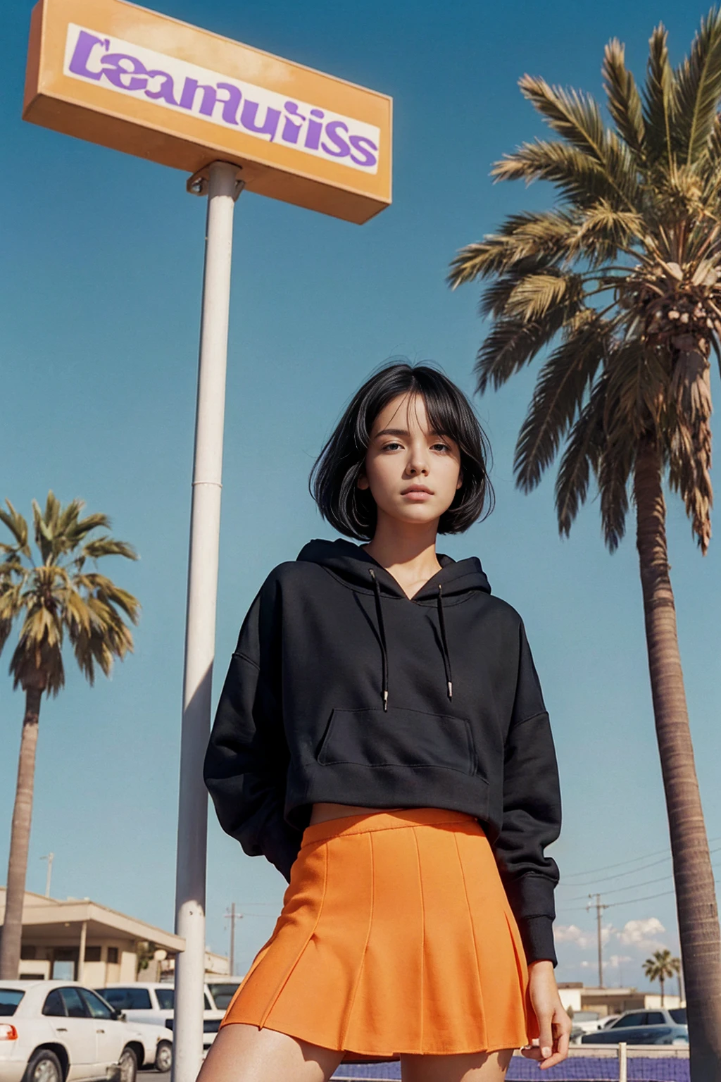 long shot portrait of cute 23 yo girl ,wear ((orange color oversized_hoodie)), wear ((purple tennis skirt)),looking front,Best Quality,Masterpiece,Ultra High Resolution,(Realisticity:1.4),Original Photo, 1Girl, light leak,ultra high resolution,UHD,beautiful, (black bob hair), almond eye, no makeup, in front of (80's abandon gas station), (realistic:1.2), (surreal:1.3), (very detailed:1.1), ((masterpiece)),summer, blue sky, palm trees,sunny, los angles vibes,film camera, 800mm lens,style of Philip Lorca diCorcia