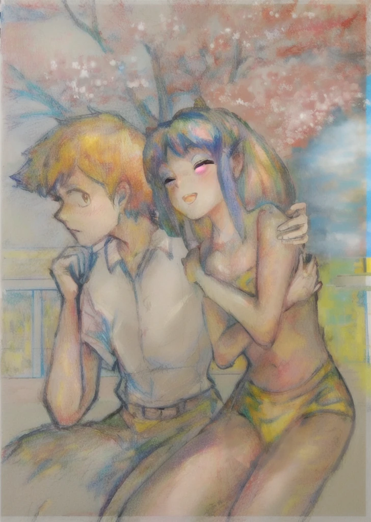 Painting of two couples sitting on a bench with trees in the background, Jamie Hewlett and Ayami Kojima, Frank Franzeta and Sakimi-chan, drawn by Anime Painter Studio, Yukika Kamisaka, Shingei, Nobutada Yanagawa, 90s anime art style, Japanese anime style, vintage colors in anime, Lum and Ataru from Urusei Yatsura