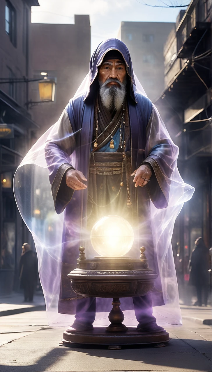 high resolution high quality Reality suspicious Giant fortune teller In front of a round crystal Intimidation Upper Body Looming metallic Transparency Facing forward suspicious雰囲気